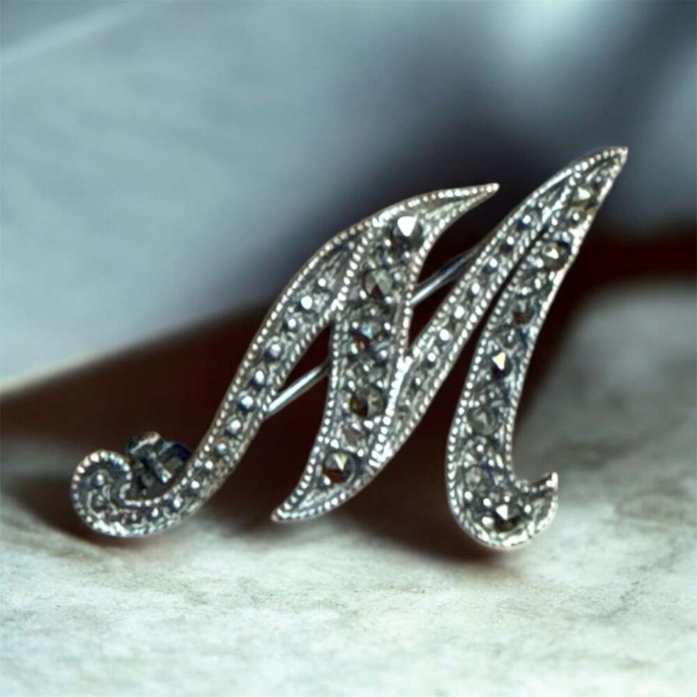 Vtg Marcasite Sterling Silver Letter “ M “ Brooch Pin w/ Case~ 1" x 1" approx
